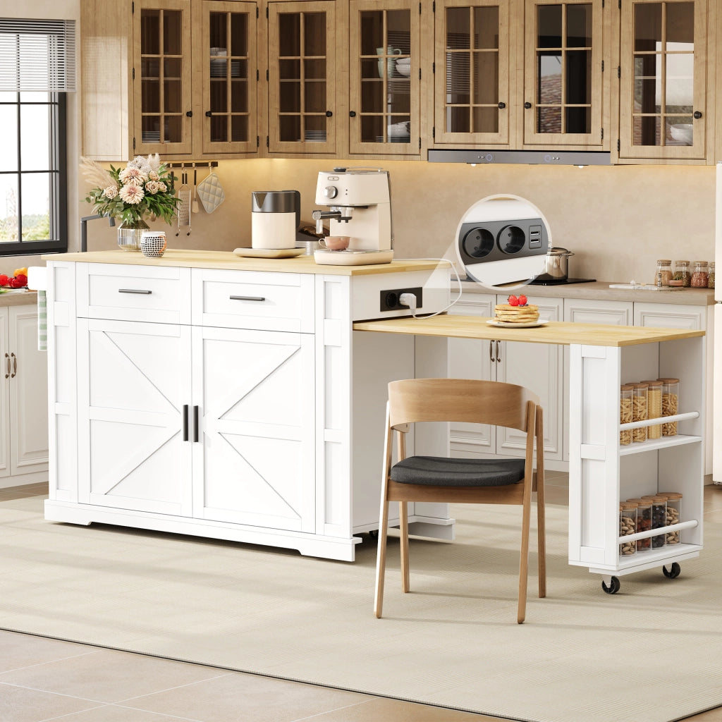 Isola da cucina mobile con piano estraibile, 2 cassetti, mobile con anta doppia, ripiano regolabile, presa integrata e 7 ruote