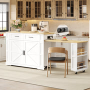 Isola da cucina mobile con piano estraibile, 2 cassetti, mobile con anta doppia, ripiano regolabile, presa integrata e 7 ruote