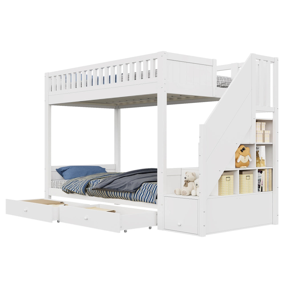 Letto a castello per bambini 90x200 cm con scala contenitore e 2 cassetti bianco HAVRYA