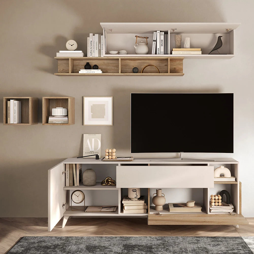 Mobile porta TV 1 anta, 1 cassetto, 1 ribalta e 2 vani Linea MONACO L 181 x H 67 x P 42, realizzato in legno 100% MADE IN ITALY, design moderno per cucina, sala da pranzo, soggiorno colore Cashmere/Rovere