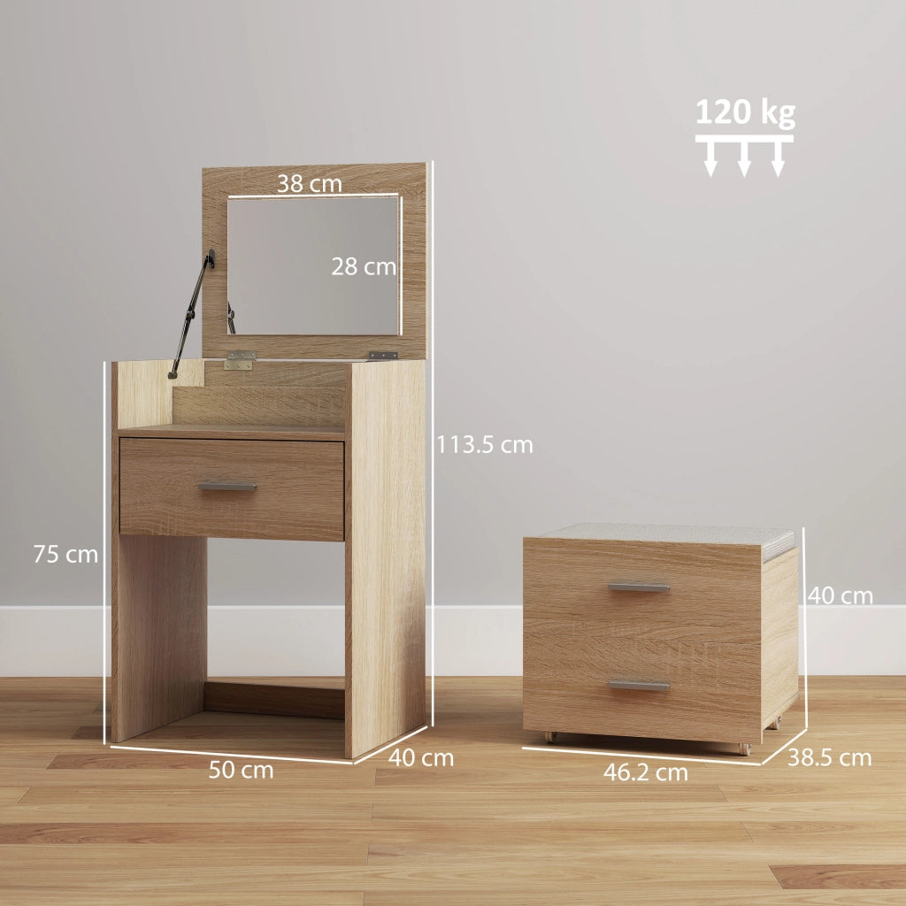 Tavolo da Trucco con Specchio a Ribalta, Cassetti e Sgabello, in Legno e Tessuto Effetto Lino, color Legno