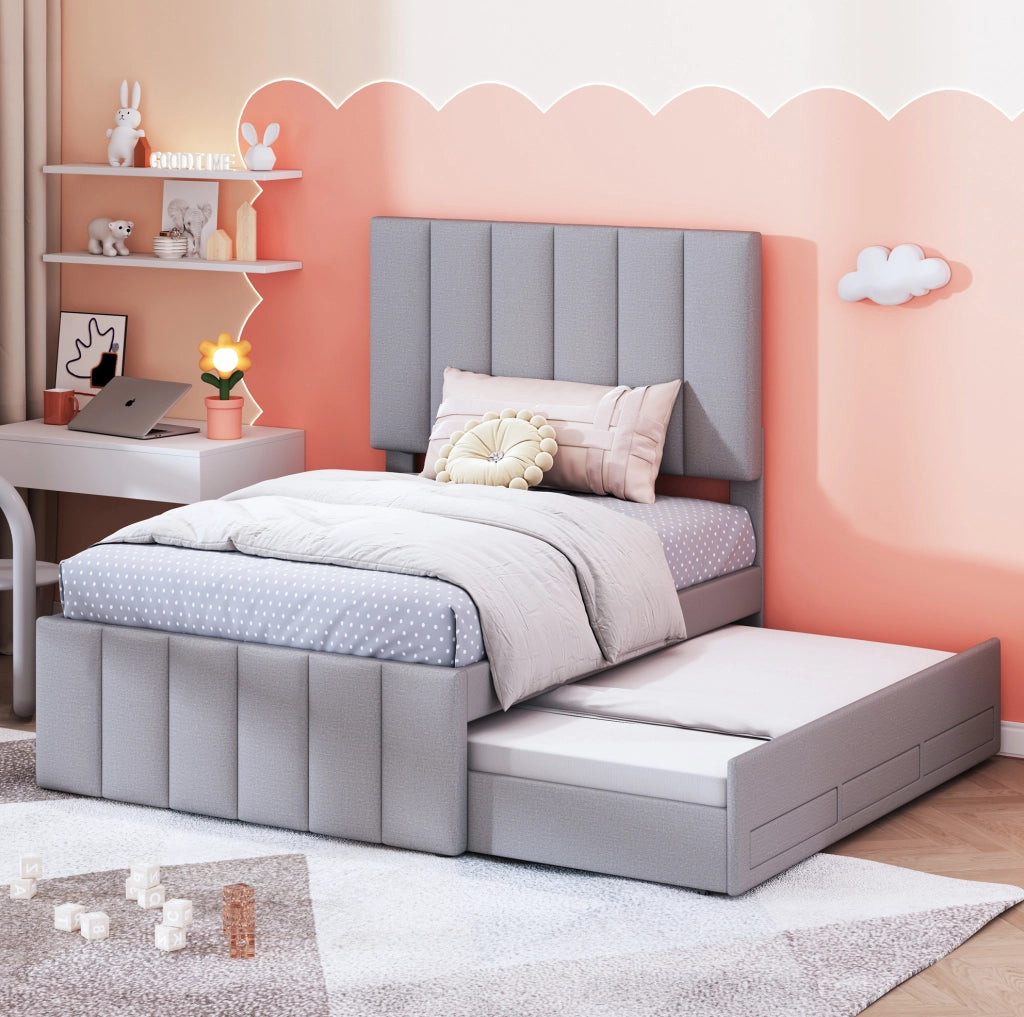 Letto singolo imbottito ULEVR 90x200 cm con letto estraibile 90x190 e 3 cassetti, tessuto grigio