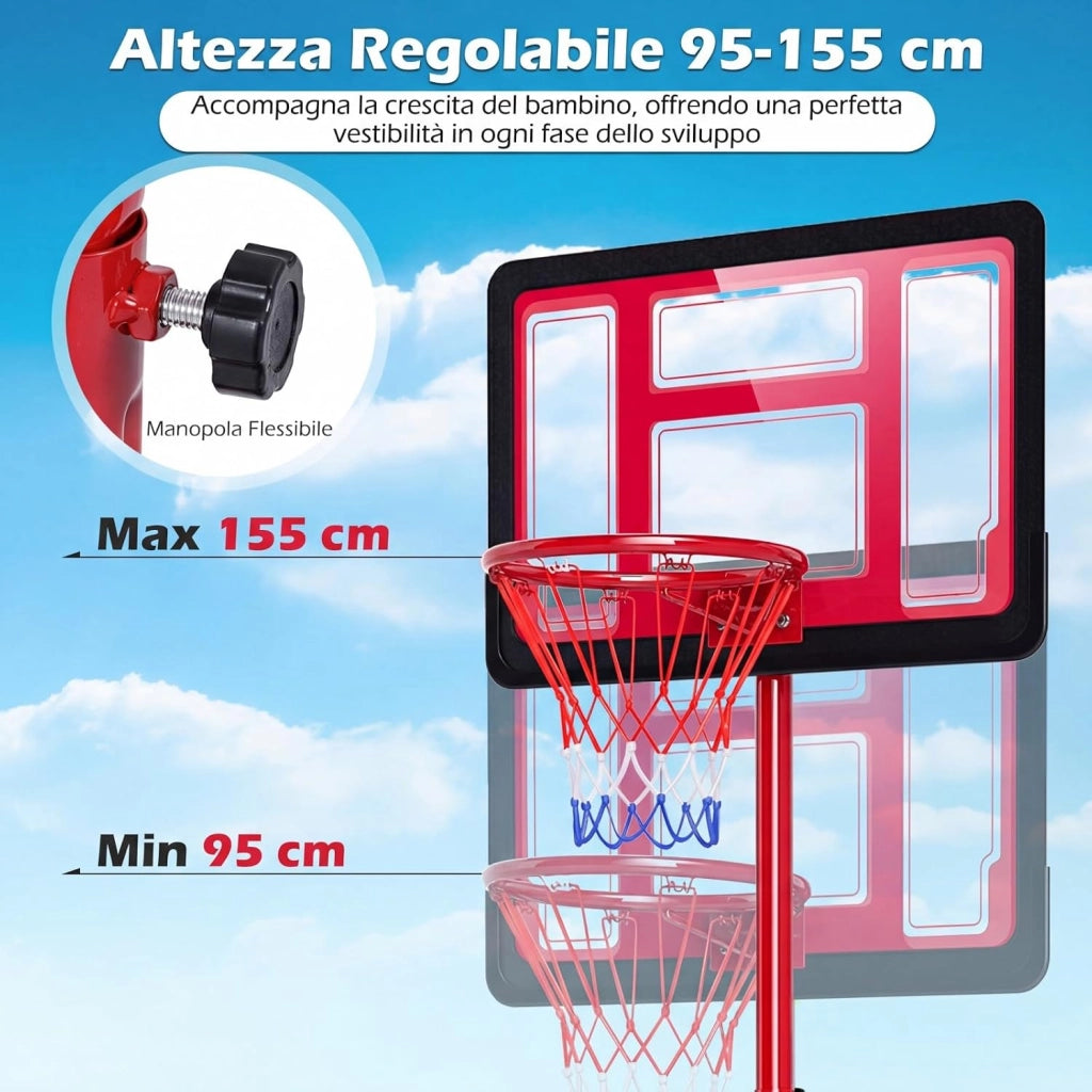 COSTWAY Canestro da Basket da Esterno ed Interno per Bambini, Canestro da Basket Regolabile in Altezza da 95 a 155 cm con Base Riempibile, Tabellone in PE e Struttura in Metallo