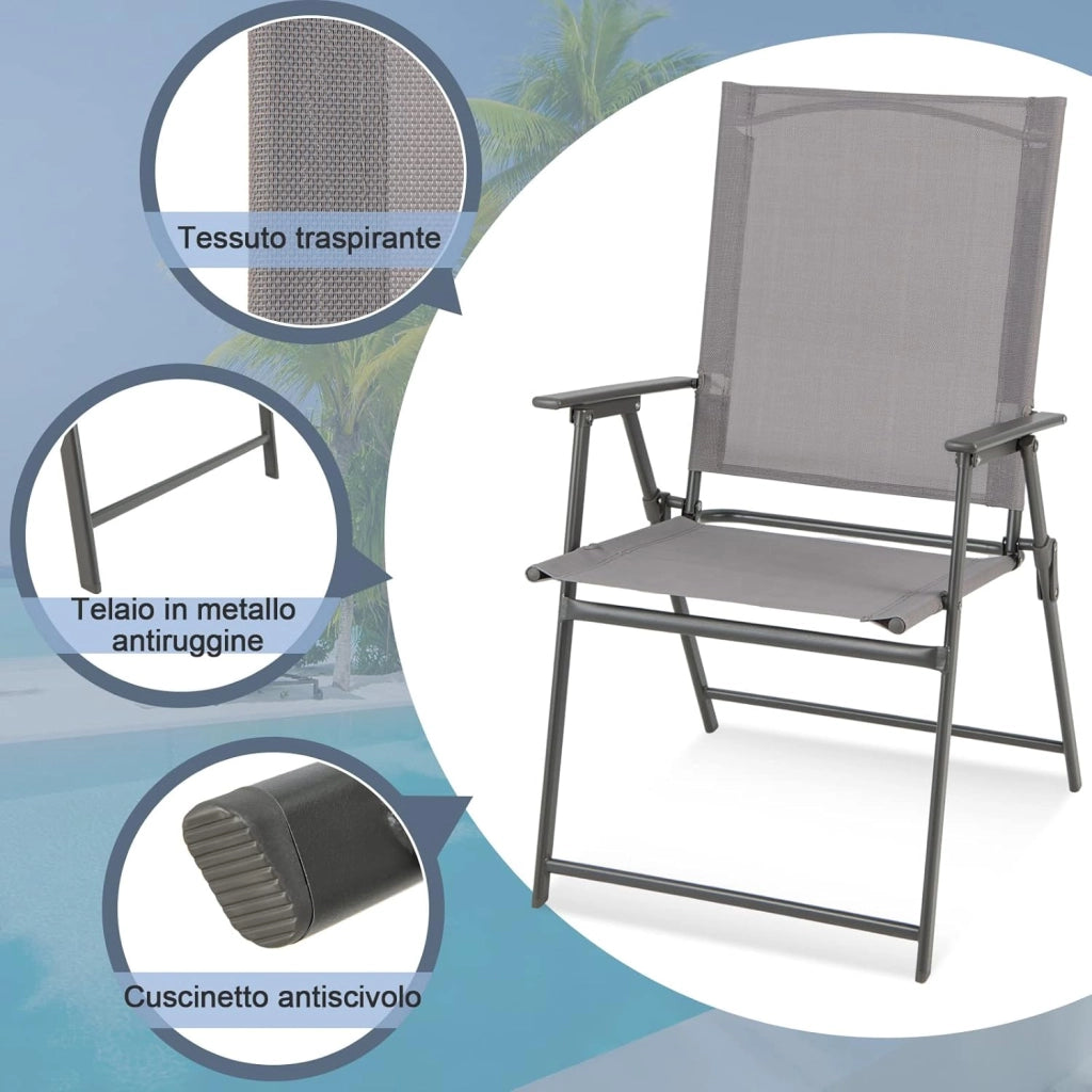 Set di 2/4 Sedie Pieghevoli da Giardino in Textilene, Sedie da Esterno con Schienale Alto, Poltrona Portatile per Giardino Campeggio Patio, Portata 150 kg (4, Grigio, 62 x 58 x 96 cm)