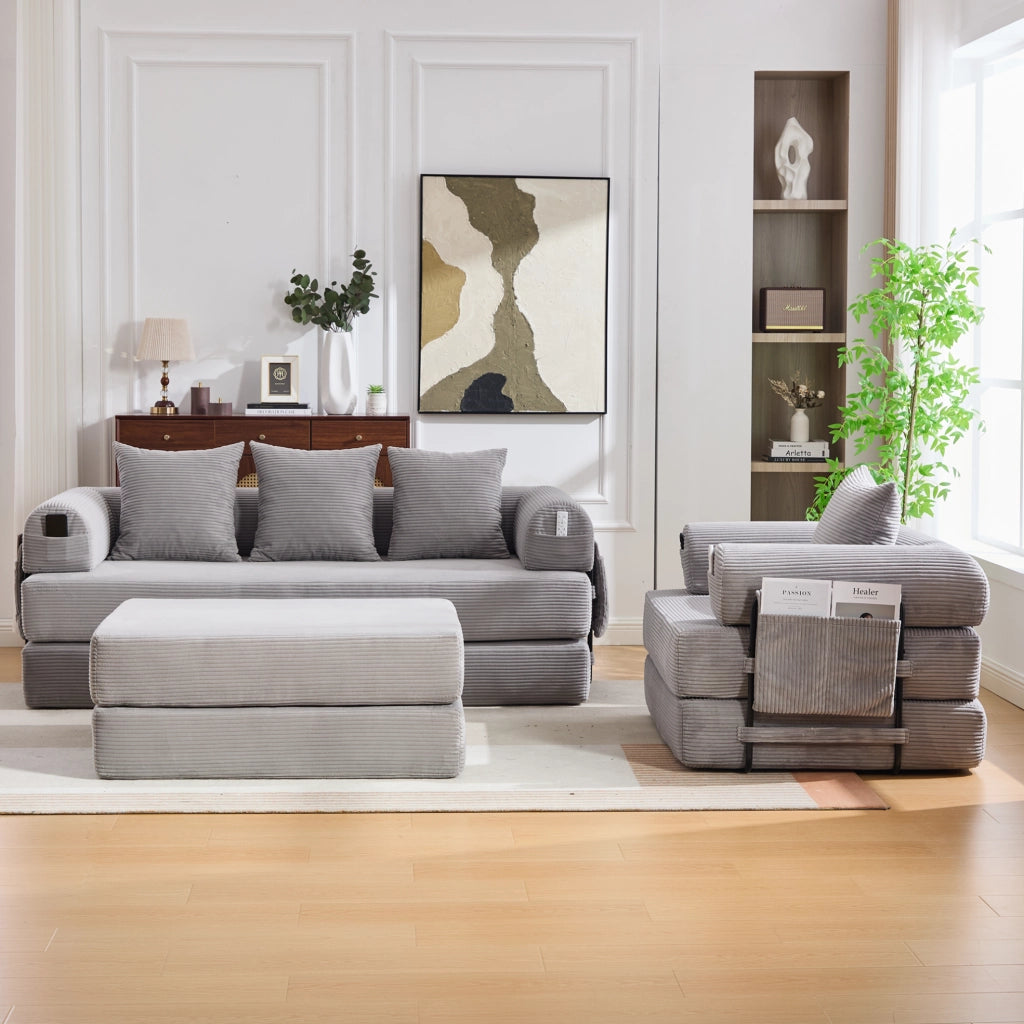 Set divano modulare in velluto a coste grigio chiaro con pouf