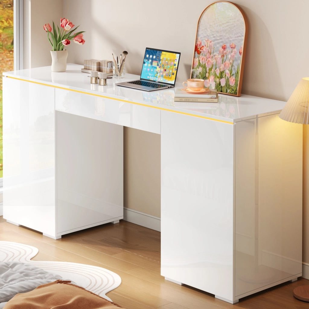 SCRIVANIA 140x50 cm Bianco Laccato Lucido con LED, 1 Cassetto e 2 Ante