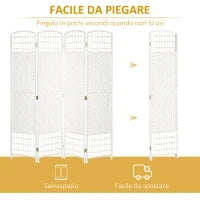 Paravento a 4 Ante Pieghevole per Interni, Autoportante e Intrecciato, 160x170 cm, Bianco