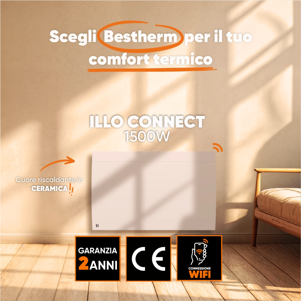Radiatore elettrico fisso connesso WIFI con inerzia ceramica a secco 1500W ILLO CONNECT orizzontale bianco