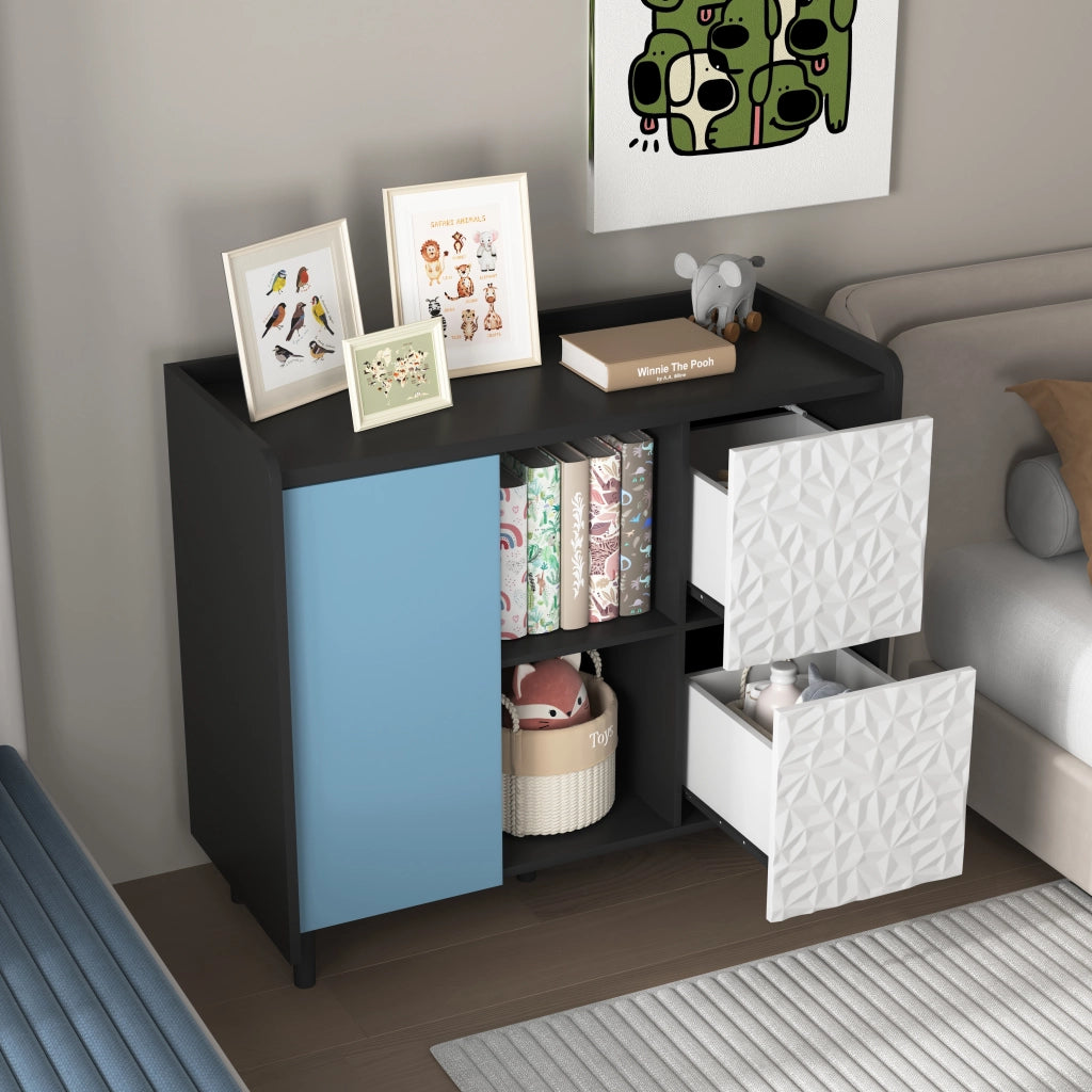 Credenza da cucina con 2 cassetti; vano chiuso e vani aperti in MDF nero e blu 40 × 90 × 80 cm