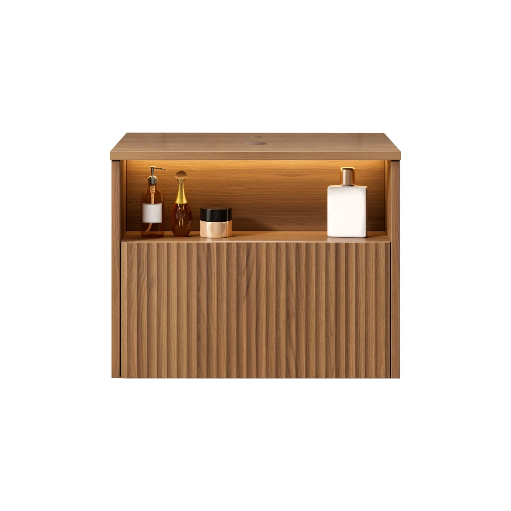 Mobile bagno sospeso con cassetto frontale con venatura 3D per bagno in compensato; rovere marrone; 69×55×54 cm