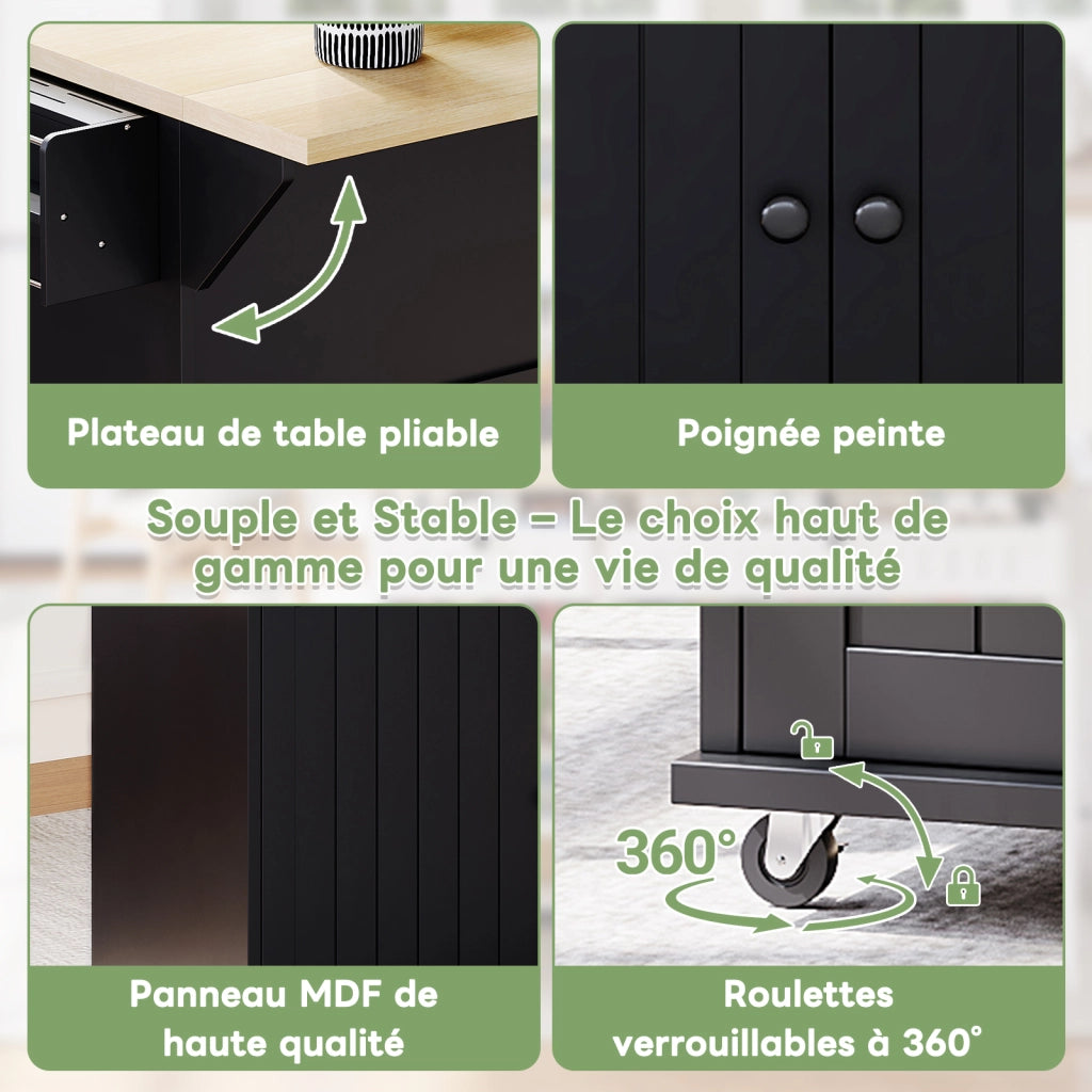 Carrello da Cucina con 2 Cassetti; 1 Armadietto; Ripiani e Portasciugamani; con Ruote; in MDF; 137 x 45 x 89;5 cm