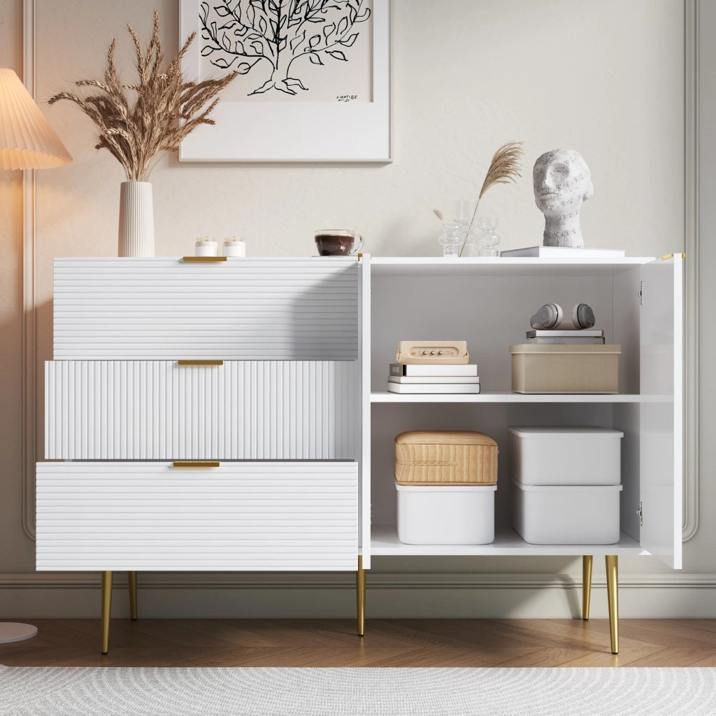 Credenza 120x38x80.5 cm con 3 cassetti e 2 ante; MDF bianco e oro