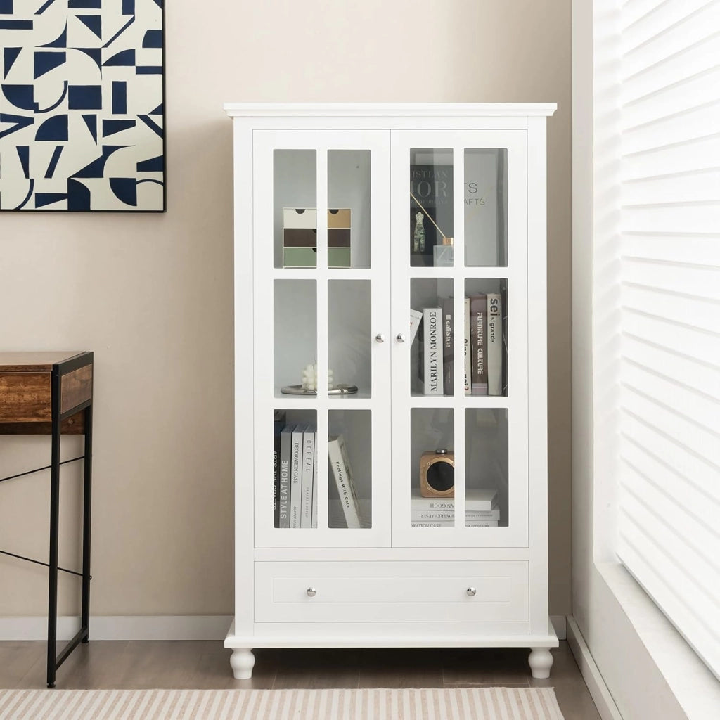 Mobile Libreria, Vetrinetta Espositiva Alta con Ante in Vetro Temperato, Libreria Verticale in legno con Ripiani Regolabili e Cassetto, per Soggiorno, Camera da Letto, 80 x 40 x 139 cm
