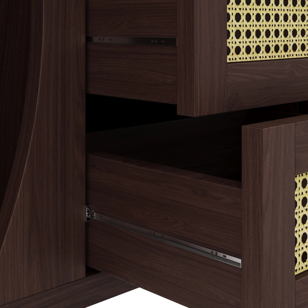 Credenza con 2 Ante Scorrevoli; 3 Cassetti in Rattan; Ripiani Regolabili e Piano Arrotondato; 140;5??40??76 cm; Naturale