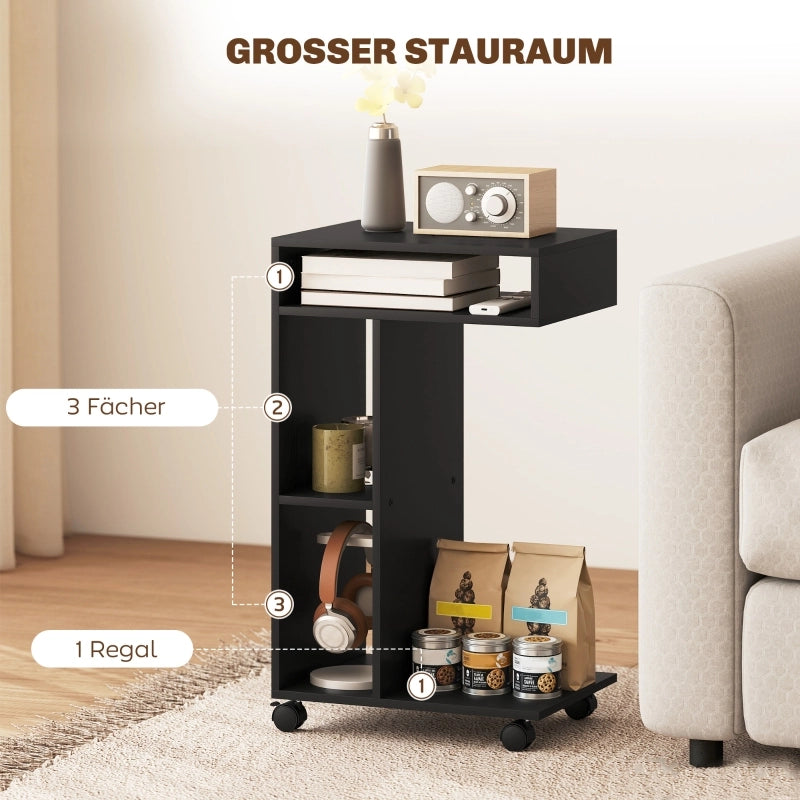 TAVOLINO LATERALE A C 40 x 30 x 69 cm Nero con 3 scomparti e ruote