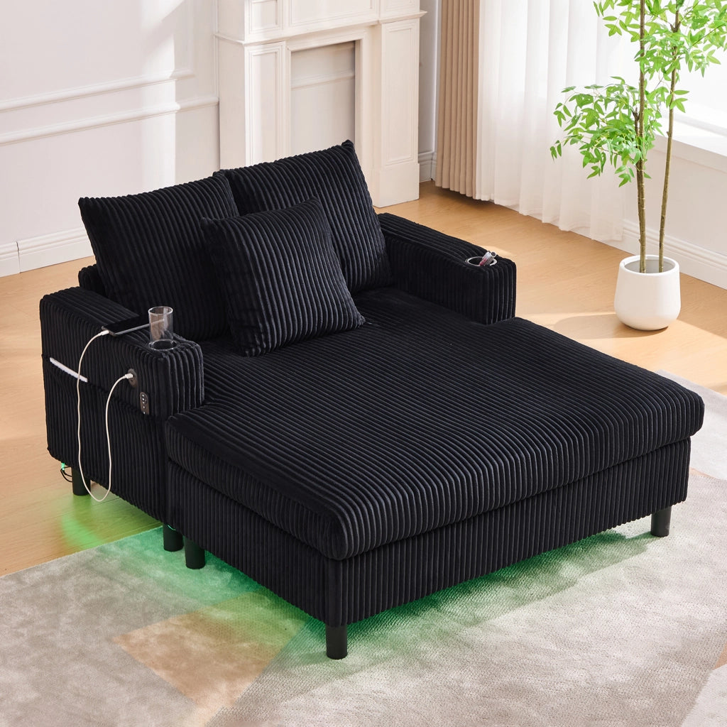 Poltrona relax chaise longue in corduroy nera con LED, USB e portabicchieri 142x128x85 cm