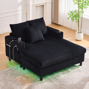 Poltrona relax chaise longue in corduroy nera con LED, USB e portabicchieri 142x128x85 cm