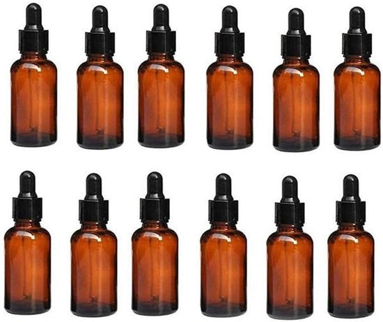 Olio Essenziale - 12 Unità - 20 ml - Vetro Ambrato - Flacone con Colonna per Dosi - Imbottigliato in Ambra - Protezione UV - Flacone a Gocce