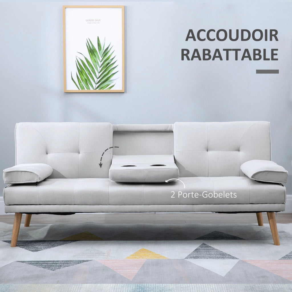 Divano letto 3 posti imbottito con schienale regolabile e portaoggetti ¨C zephmum ¨C tessuto grigio chiaro 200x90x80 cm