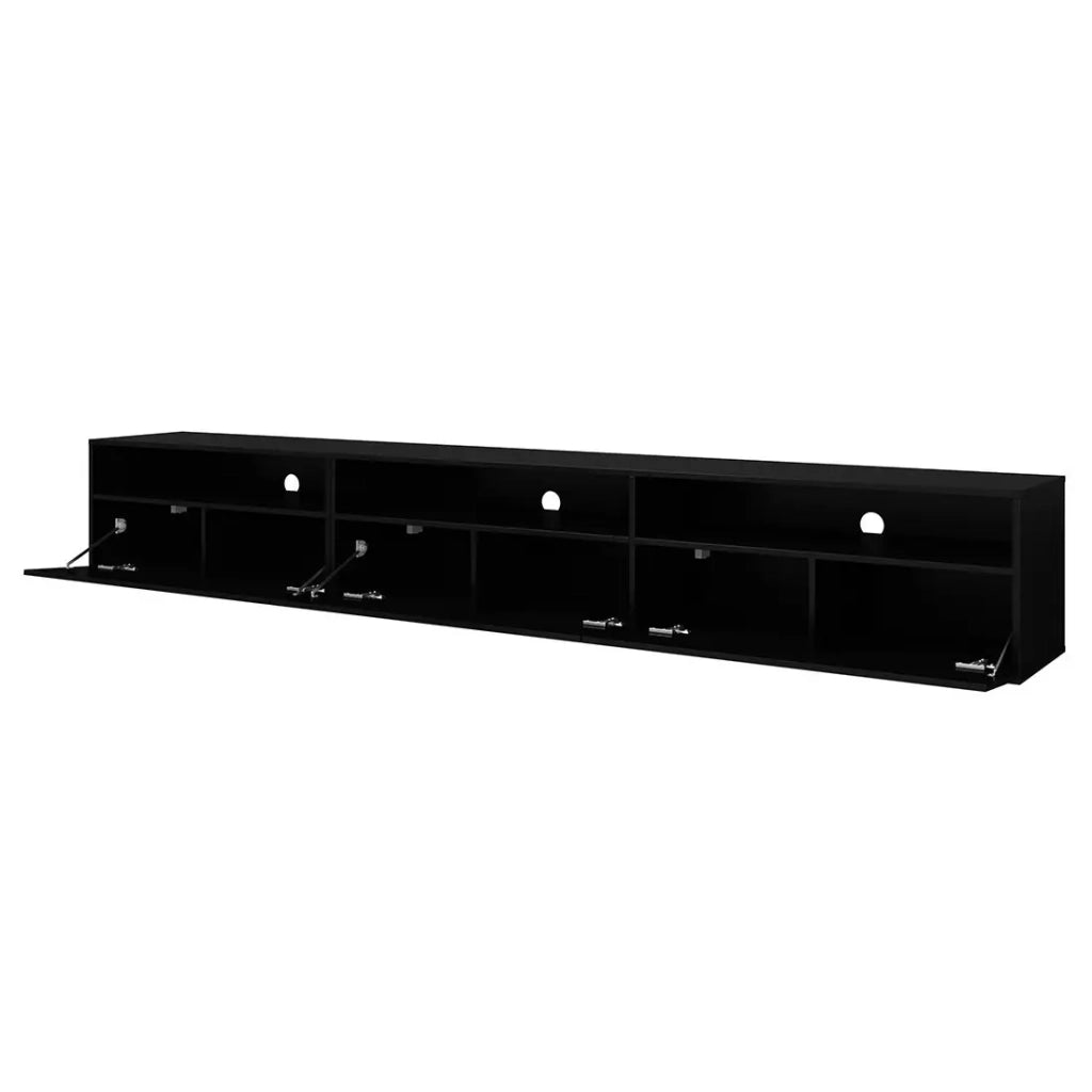 Mobile TV RAMOS nero lucido 270 cm – 3 ante ribaltabili e 3 nicchie – Design moderno