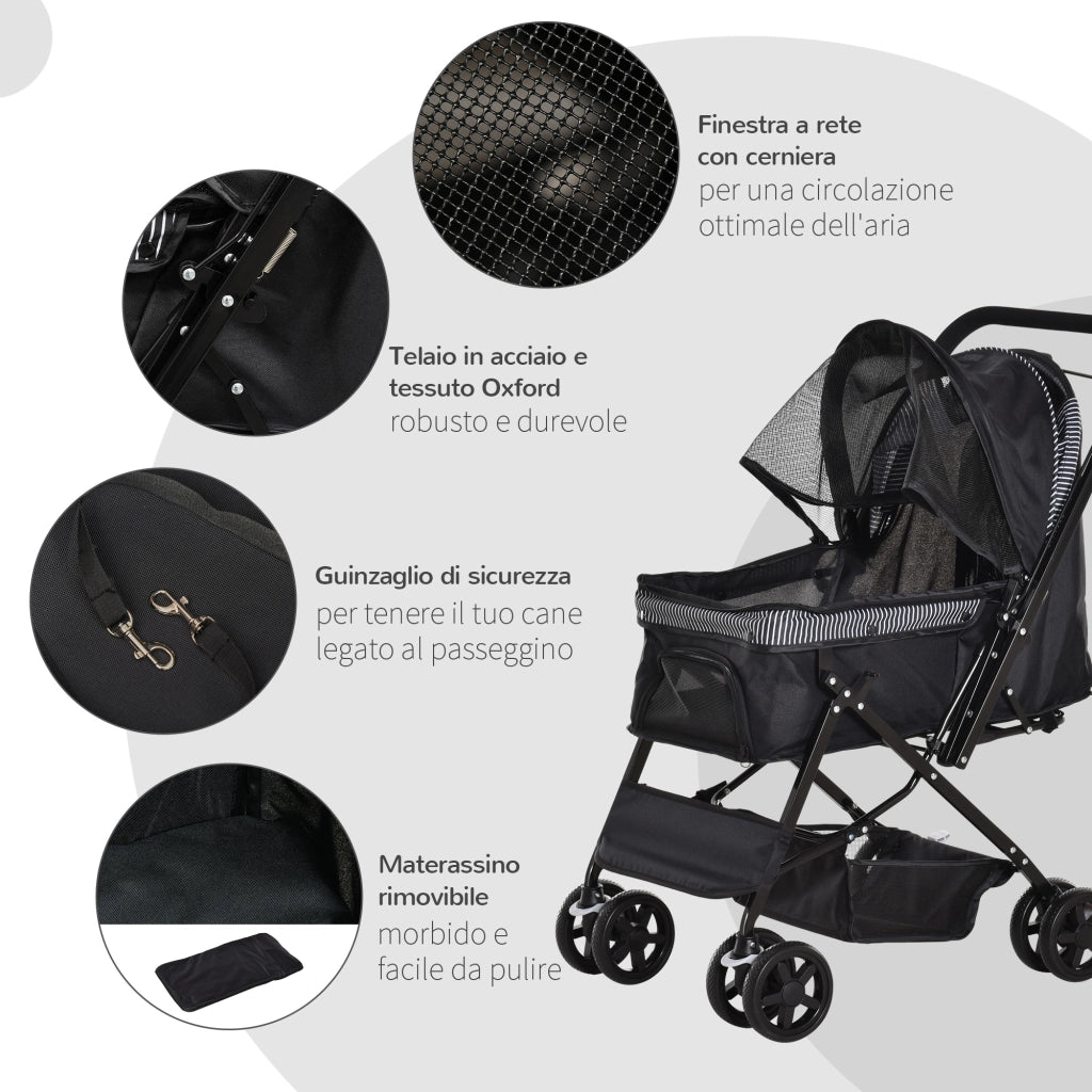 EasyComfort Passeggino per Cani Piccoli Pieghevole con Maniglione Girevole e Cestino Portaoggetti, Nero