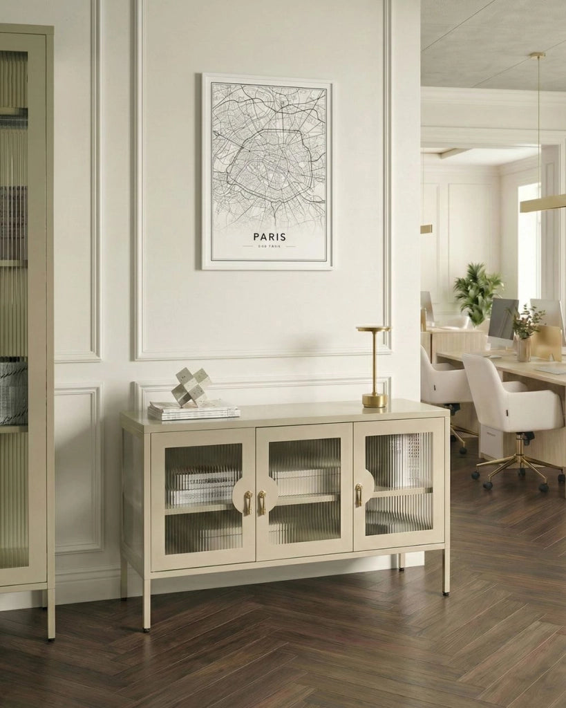 Credenza a 3 ante beige chiaro in acciaio mobile ufficio in metallo ripiani, piedini design industriale soggiorno mobili per ufficio domestico