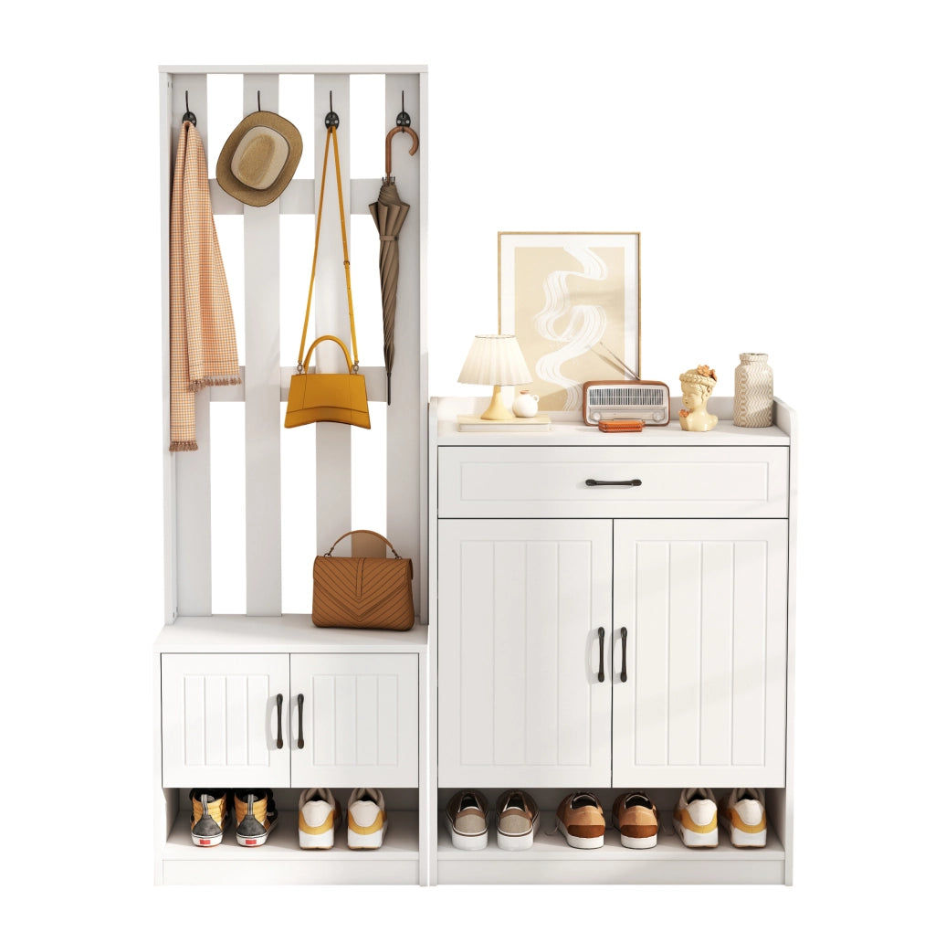 Set ingresso 3 in 1 con panca; pannello appendiabiti e scarpiera 140x32x180 cm; bianco in truciolare