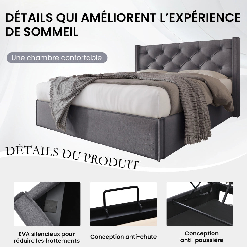 OKWISH Letto Contenitore 140×200 cm, Letto Matrimoniale con Testiera Imbottita e Vano Contenitore, senza Materasso, in Cotone, Grigio
