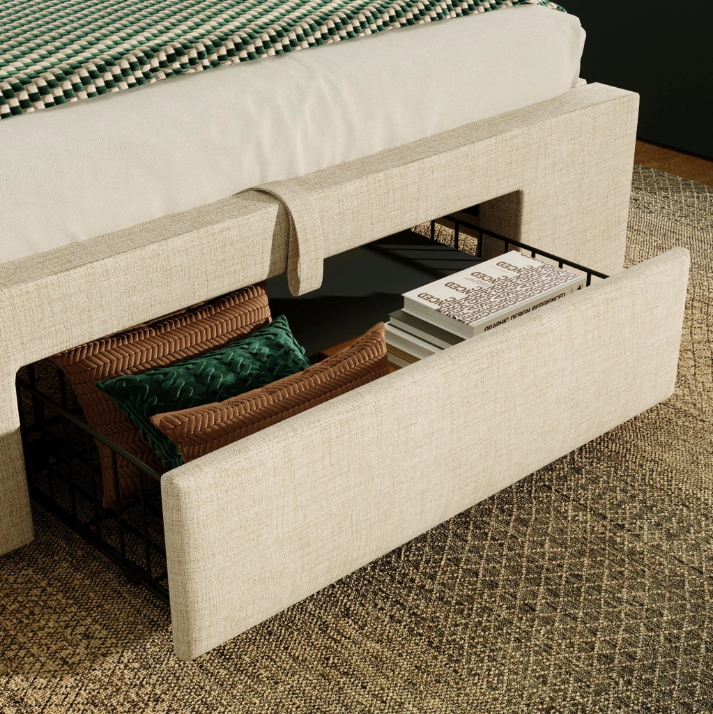 Letto imbottito 90x200 cm beige in lino con contenitore; testiera con USB e LED