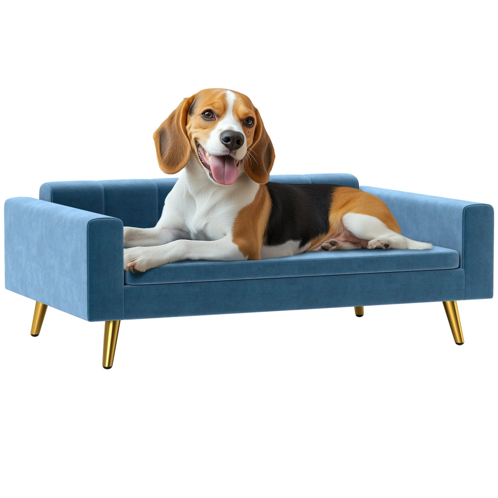 Letto per cani imbottito con cuscino ¨C Zephmum ¨C Blu velluto metallo dorato 94x60x32 cm