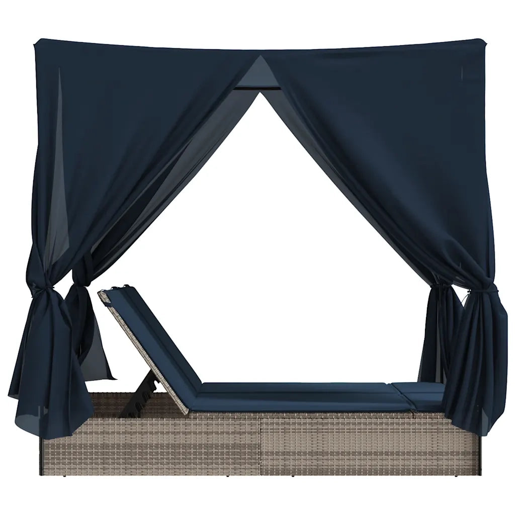 Lettino Prendisole Doppio Tetto e Tende Grigio in Polyrattan 368079