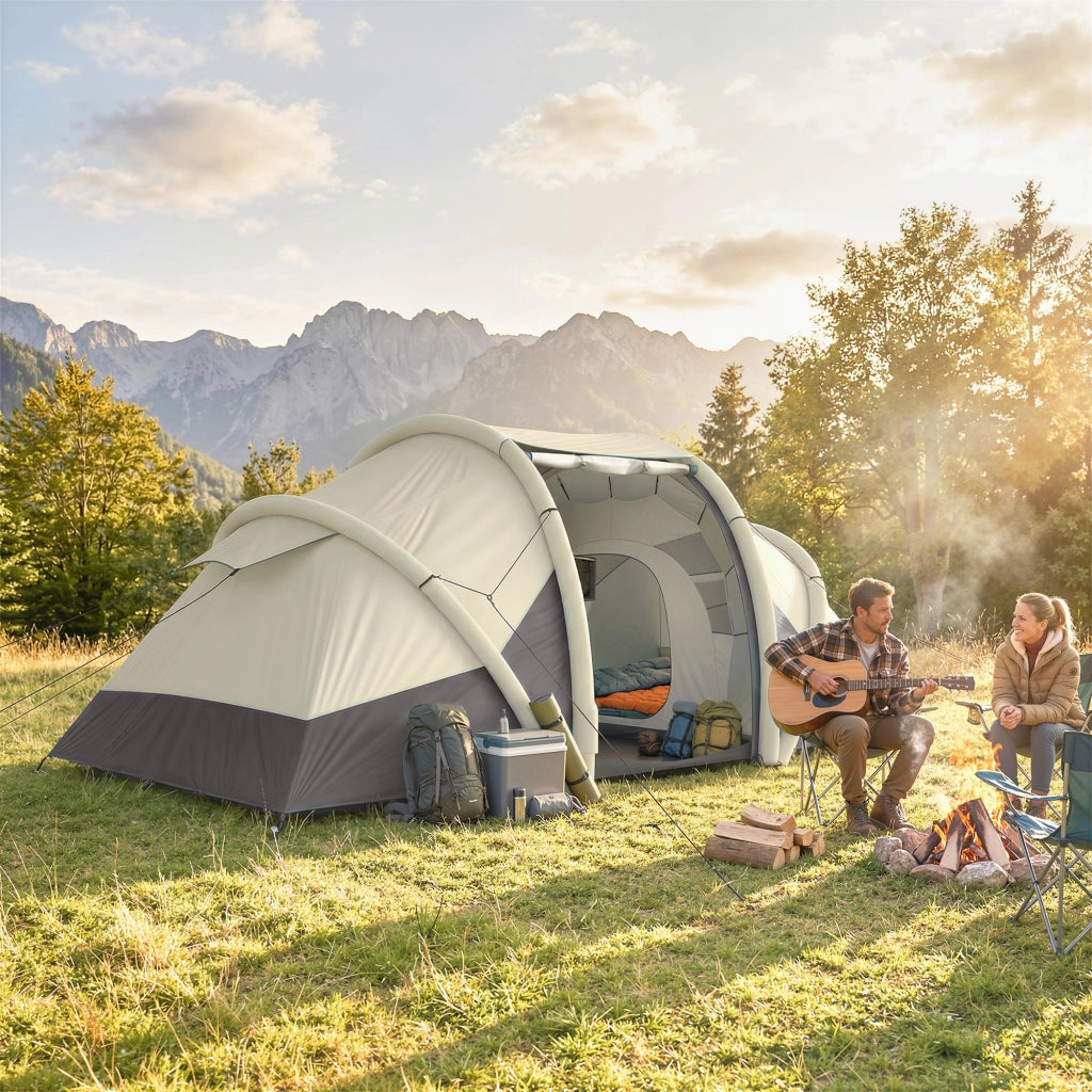 Tenda Gonfiabile da Giardino 2-4 Persone ¨C zephmum ¨C 2 Camere, Soggiorno, Grigio 485x245x188cm