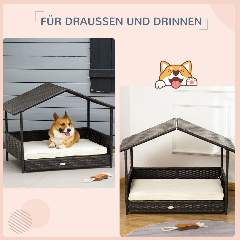 Cuccia rialzata in rattan per cani con tetto e cuscino 98x69x73 cm
