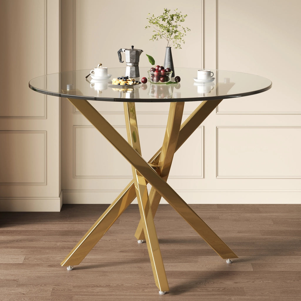 Tavolo da pranzo rotondo in vetro temperato con gambe incrociate cromate oro per soggiorno cucina 80 × 80 × 75 cm
