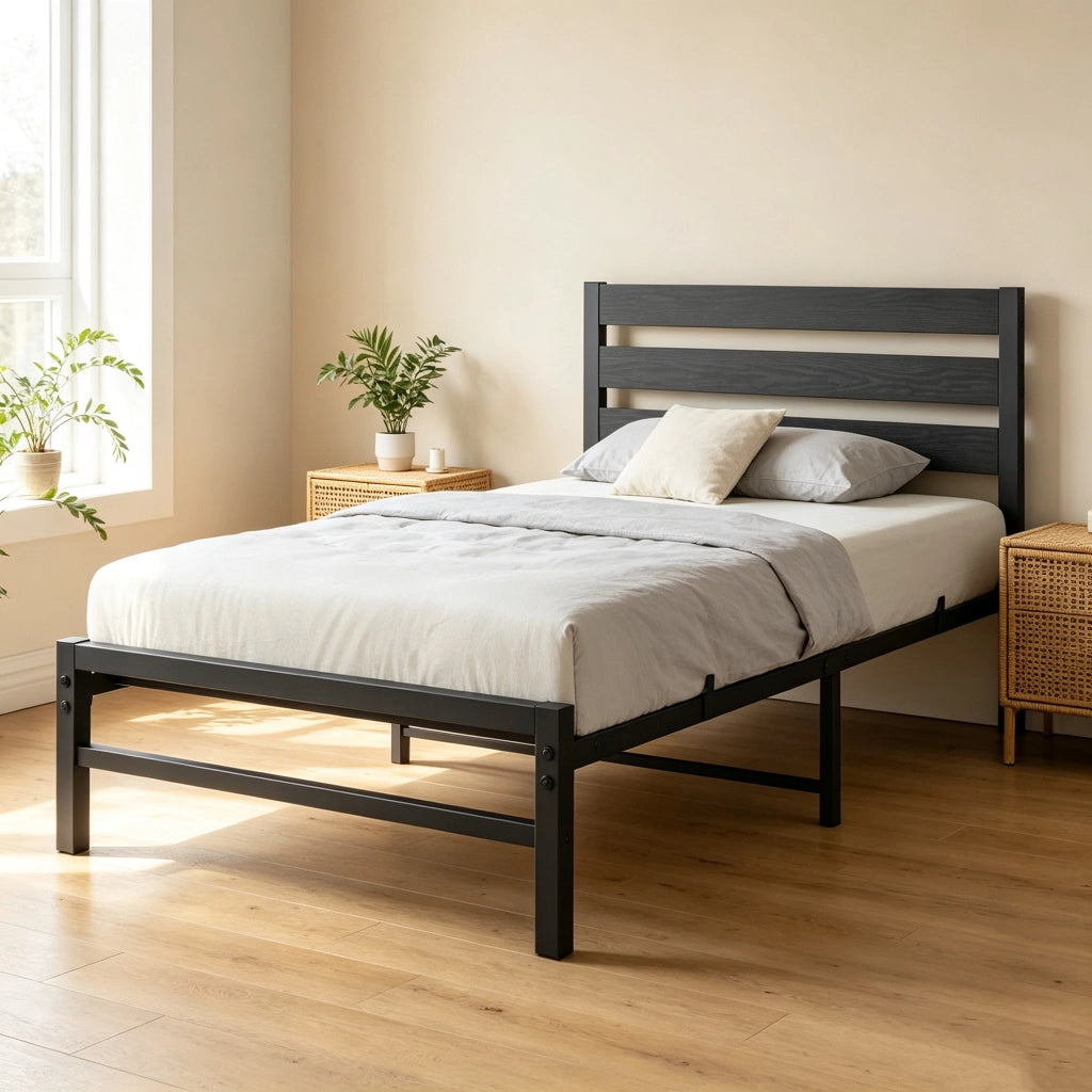 Letto singolo 90x200 cm in metallo e MDF con testiera a pannelli; nero