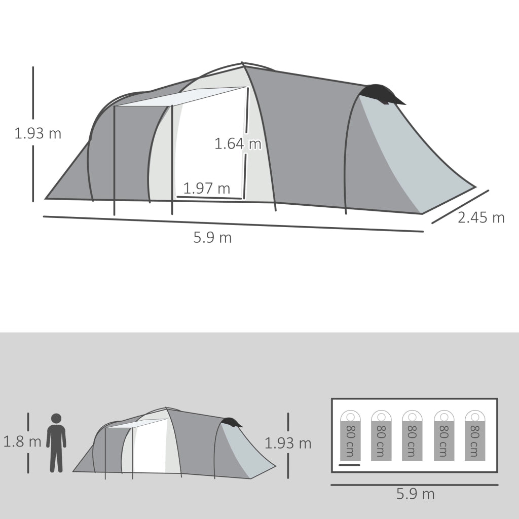 Tenda da Campeggio Impermeabile 5 Posti 2 Camere ¨C zephmum ¨C Grigio 590x245x193 cm