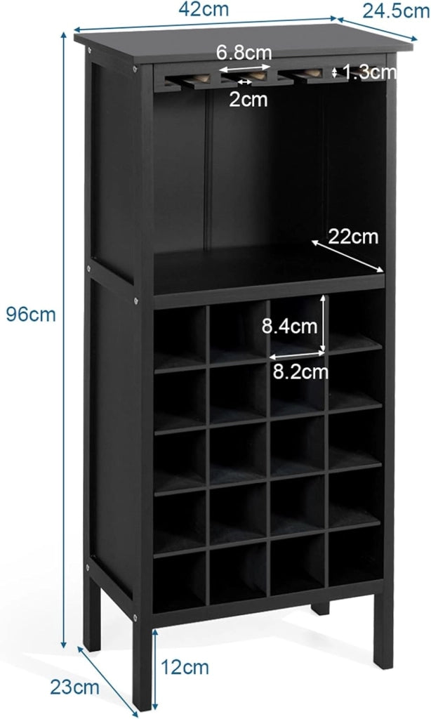 Cantinetta Portabottiglie in Legno, Scaffale per Vino con Portabicchiere/Calici, Portavino per 20 Bottiglie e 4 Calici, 42 x 24,5 x 96 cm (Nero)