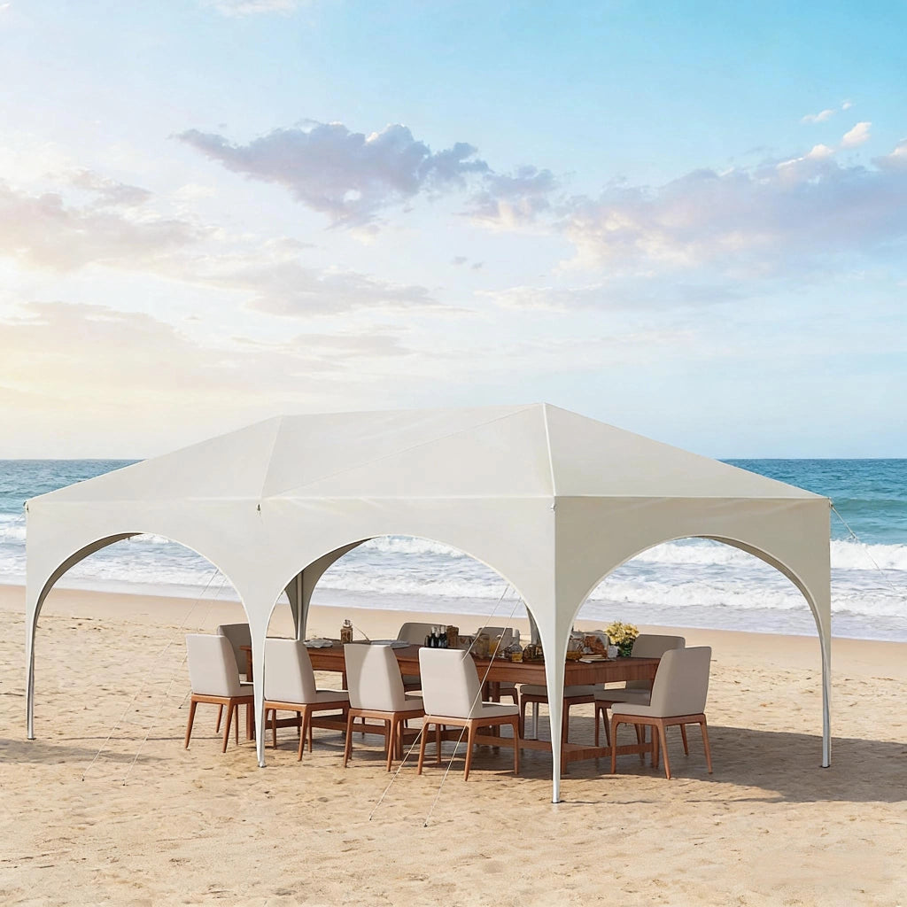 Gazebo da giardino pieghevole con 6 pareti laterali regolabili in altezza in ferro e tessuto oxford beige 3 × 6 m