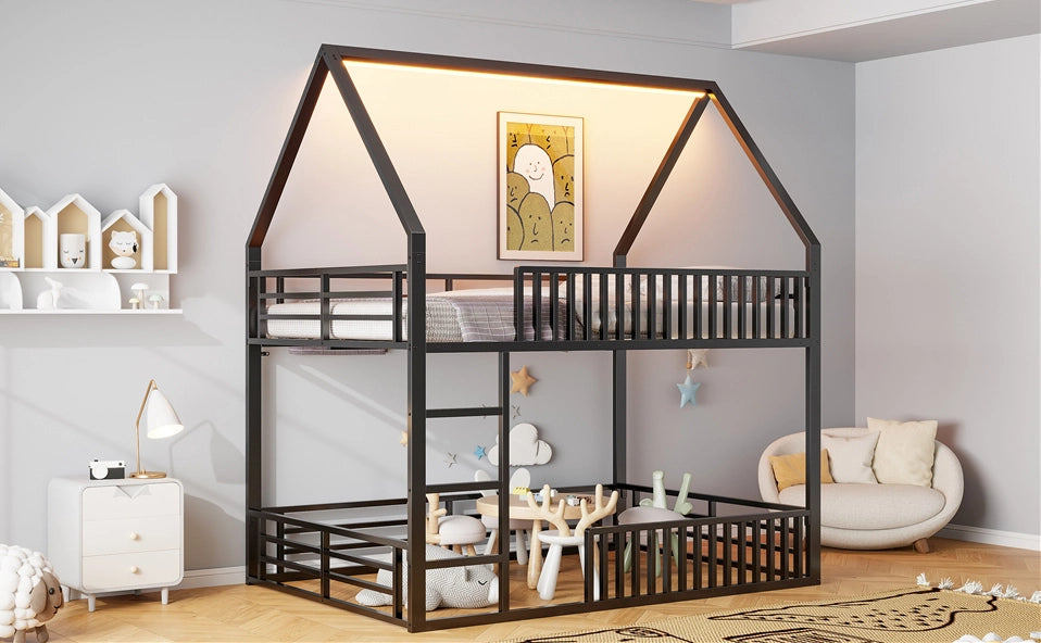 Letto a castello a forma di casa 140x200 cm con corrimano e luce LED, nero