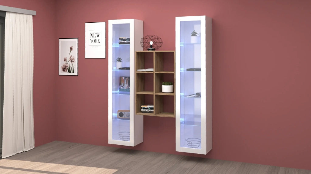 Parete attrezzata soggiorno 2 vetrine bianche libreria in legno Kesia WH