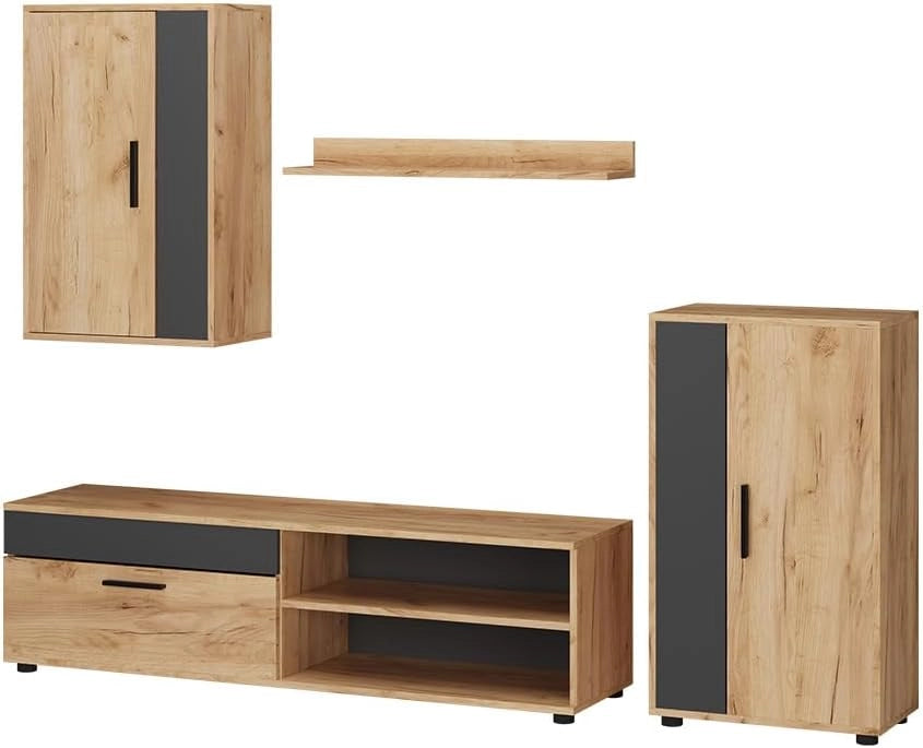 Parete attrezzata Berno, Quercia dorata/antracite, Set di 4, adatto per la conservazione di dispositivi multimediali e accessori