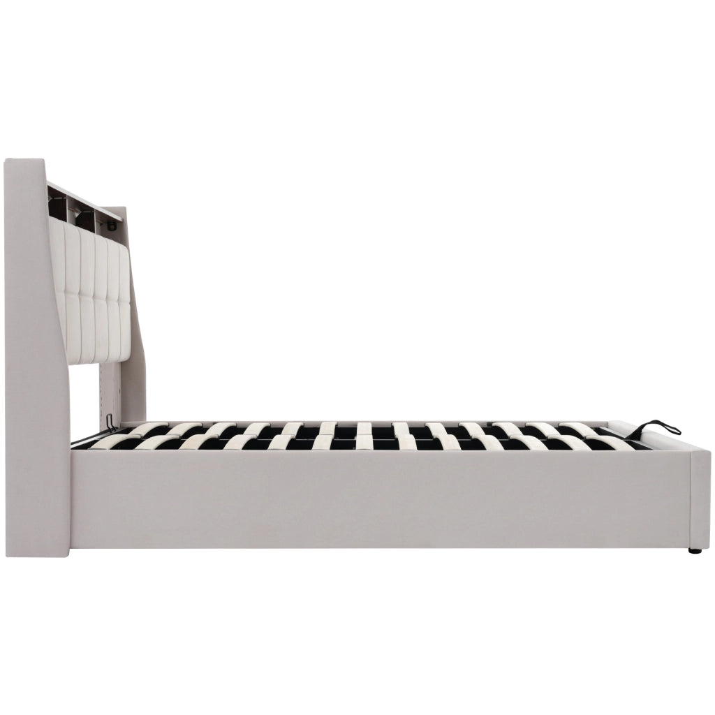 LETTO Imbottito 140x200 cm Beige con USB, LED e rete sollevabile
