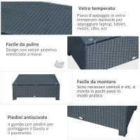 Ousunny Tavolino da Esterni in Rattan PE con Piano in Vetro Temperato, 85x50x39cm, Nero
