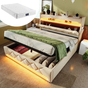 LETTO Contenitore 140x200 cm Lino Beige con materasso incluso e LED