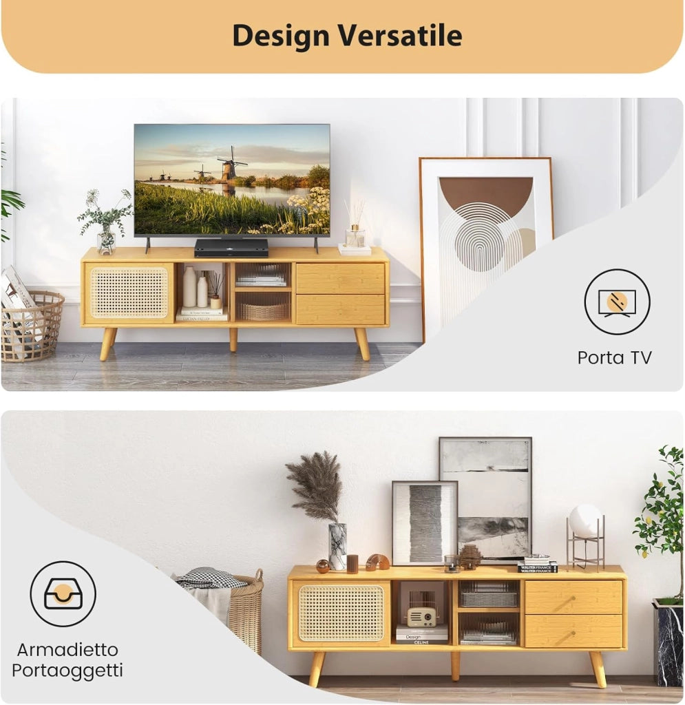 Mobile TV Fino a 65 Pollici, Mobiletto da Salotto in Bambù, Vetro e Rattan PE con 2 Cassetti, Ripiano Regolabile e Porte Scorrevoli, per Soggiorno, Camera da Letto, 140 x 31 x 45,5 cm