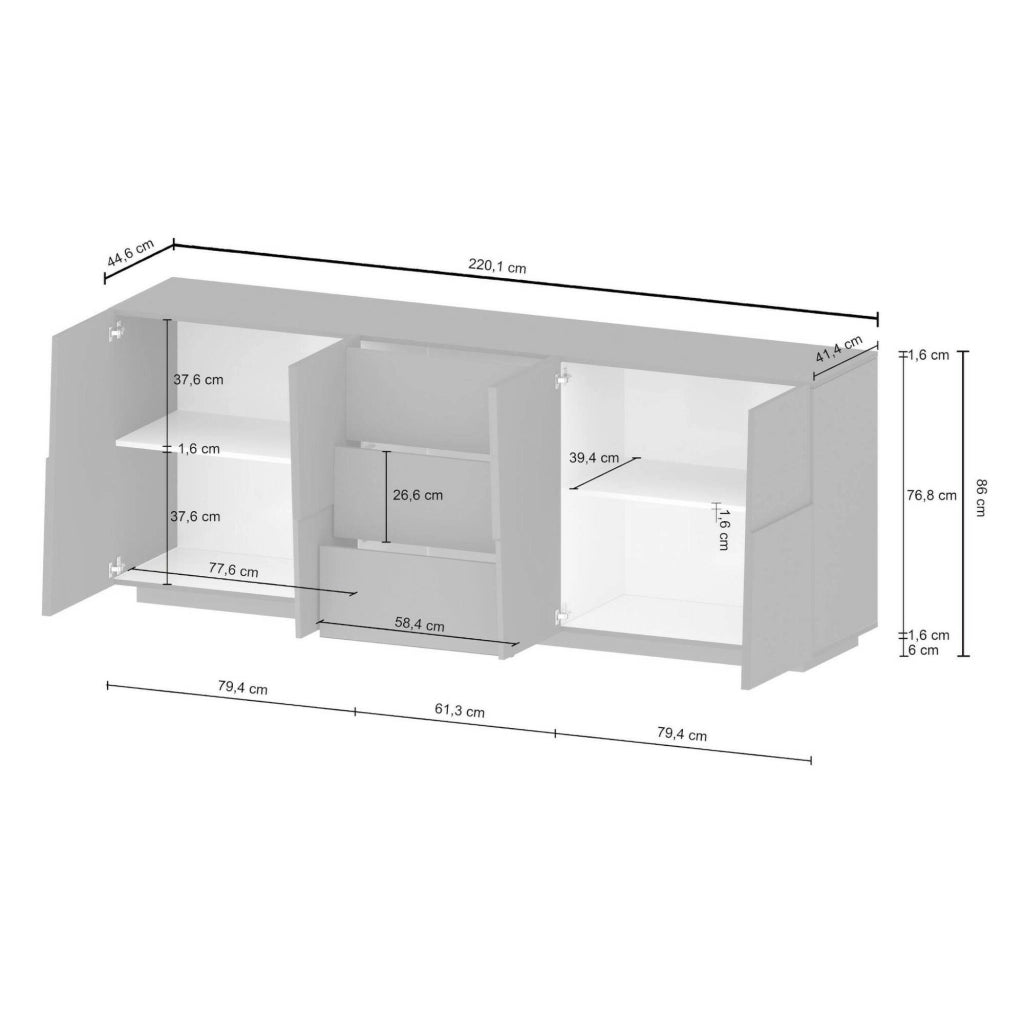 Credenza Astel, Buffet da soggiorno, Madia da salotto con 4 ante e 3 cassetti, 220x44h86 cm, Bianco lucido