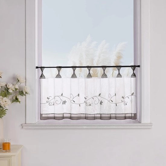 Vetrata con fiori ricamati a lusso - tenda da caffè - 1 pacchetto - grigio - 45x90 cm
