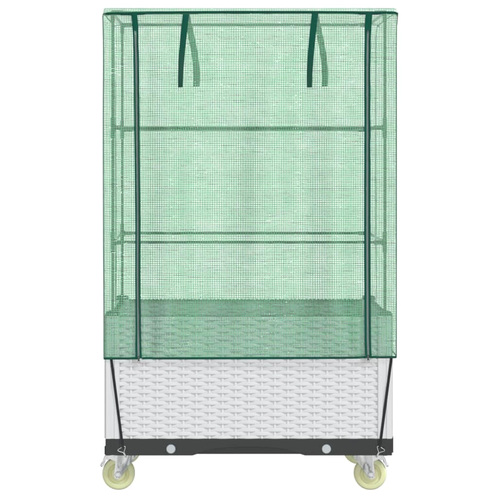 Vaso per fioriera rialzata per piante fiori terrazza da giardino rialzata con copertura e ruote effetto rattan bianco 02_0038797