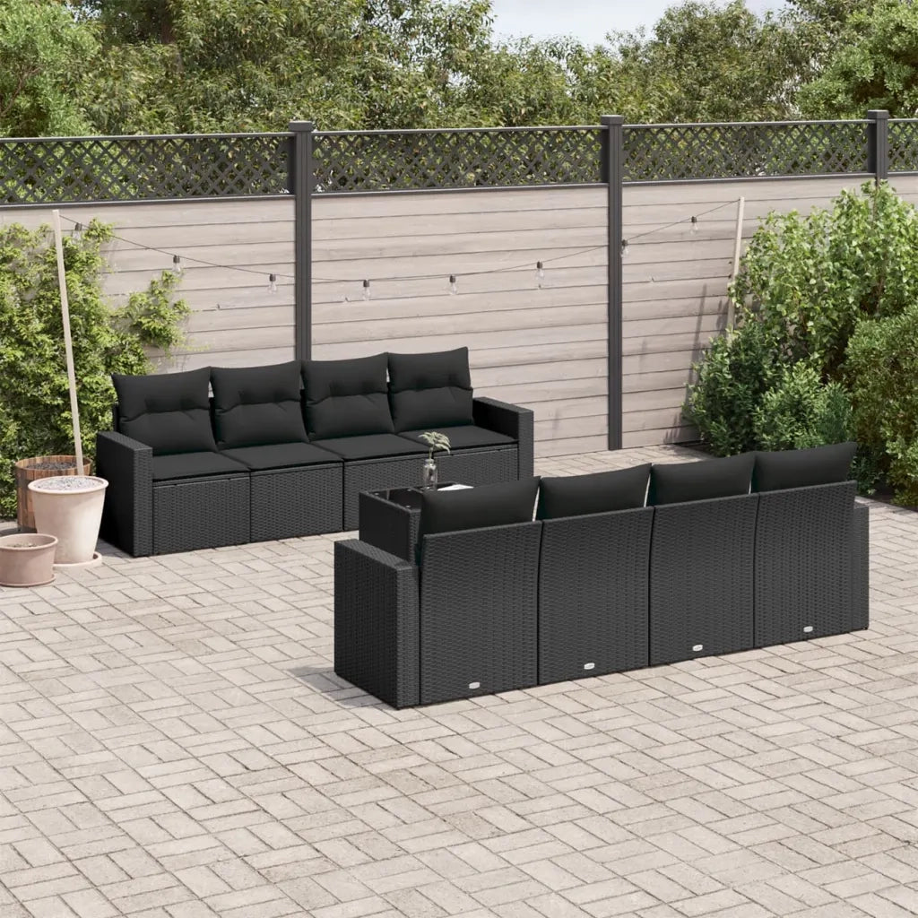 Set Divani da Giardino 9 pz con Cuscini Nero in Polyrattan 3218735