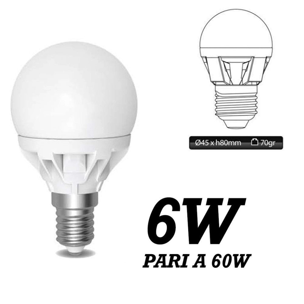 Trade Shop - Lampada Led 6w Watt E14 490 Lumen Bianco Caldo 3000°k Sfera Globo Opaca - -bianco Freddo      -
